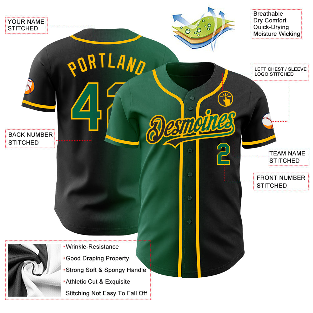 Custom Black Kelly Green-Gold Authentic Gradient Fashion Baseball Jersey view 3