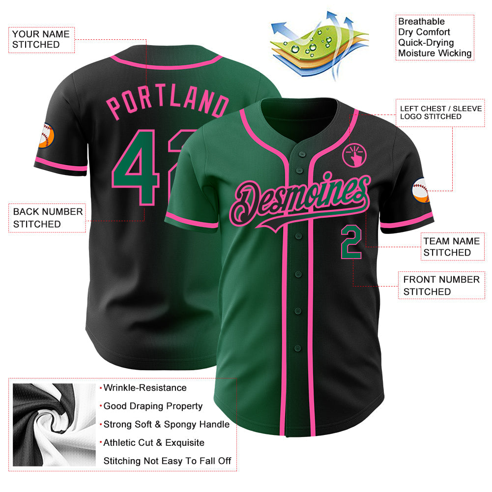 Custom Black Kelly Green-Pink Authentic Gradient Fashion Baseball Jersey view 3