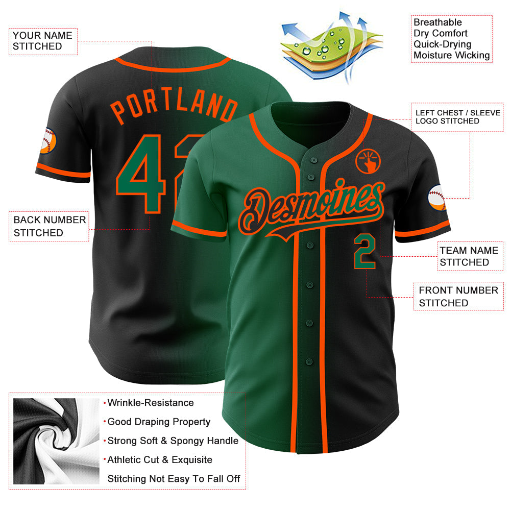 Custom Black Kelly Green-Orange Authentic Gradient Fashion Baseball Jersey view 3