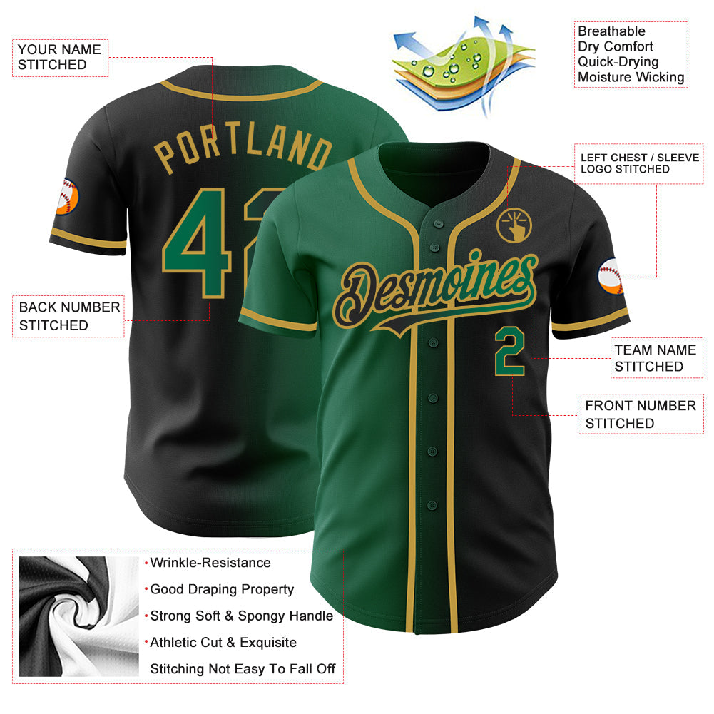 Custom Black Kelly Green-Old Gold Authentic Gradient Fashion Baseball Jersey view 3