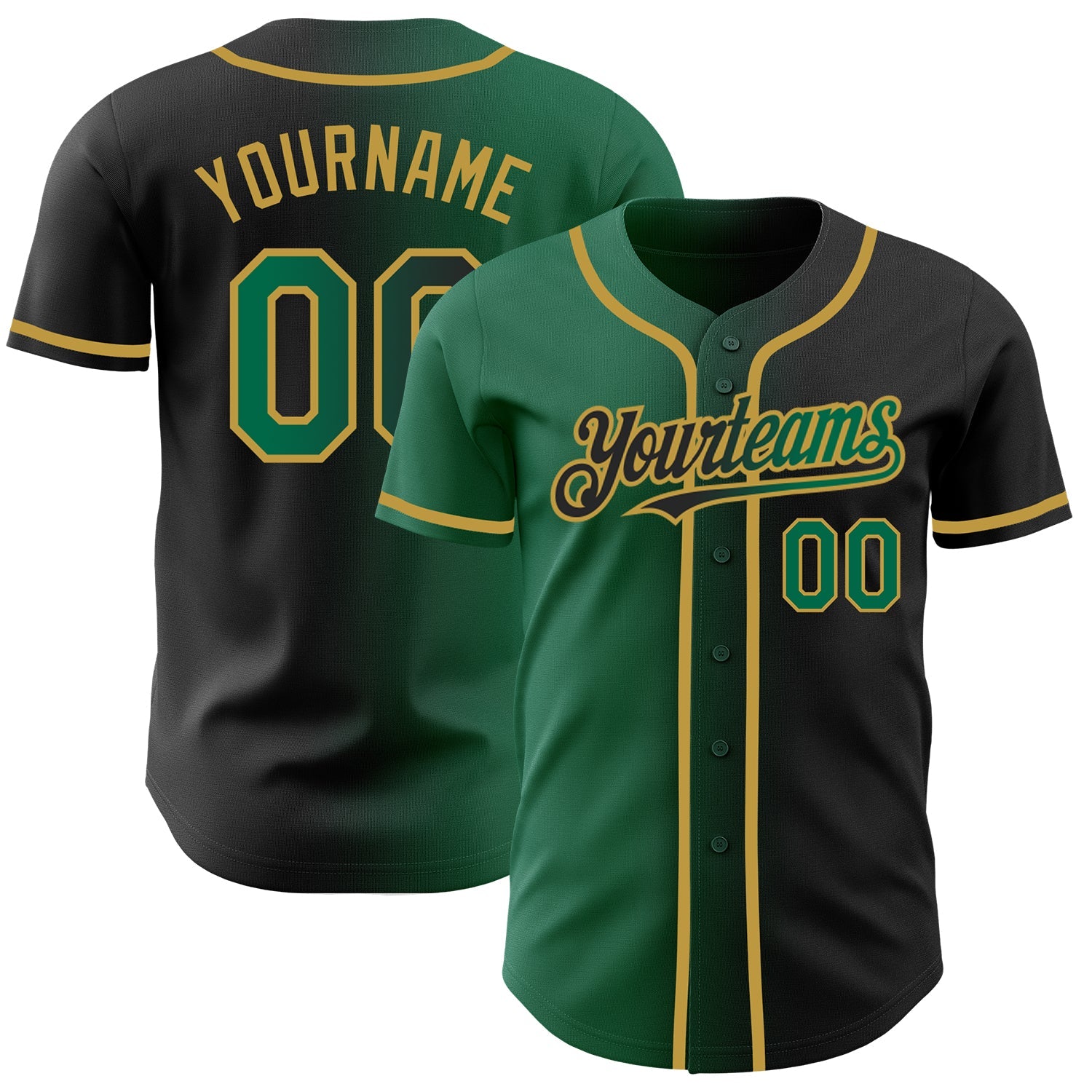 Custom Black Kelly Green-Old Gold Authentic Gradient Fashion Baseball Jersey - Main View