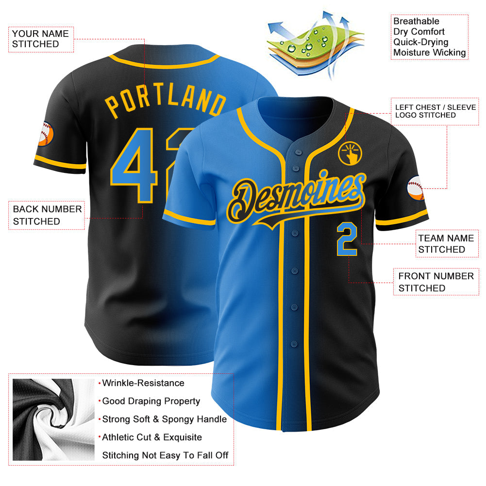 Custom Black Electric Blue-Gold Authentic Gradient Fashion Baseball Jersey view 3