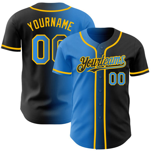 Custom Black Electric Blue-Gold Authentic Gradient Fashion Baseball Jersey - Main View