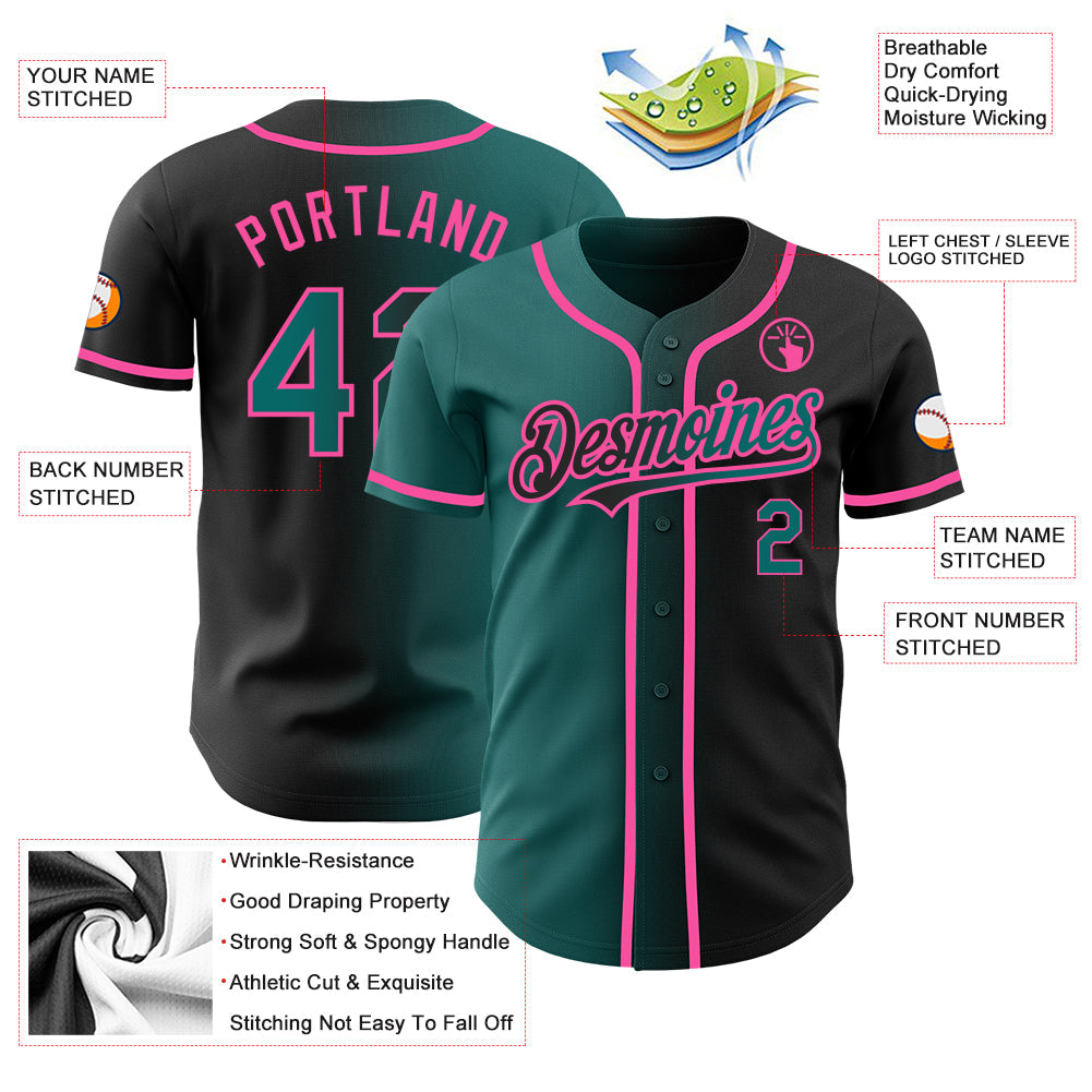 Custom Black Teal-Pink Authentic Gradient Fashion Baseball Jersey view 4