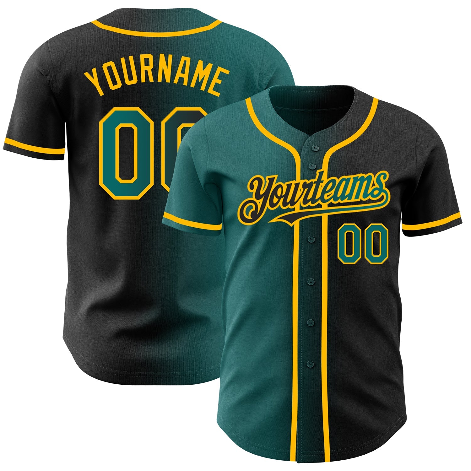 Custom Black Teal-Gold Authentic Gradient Fashion Baseball Jersey - Main View