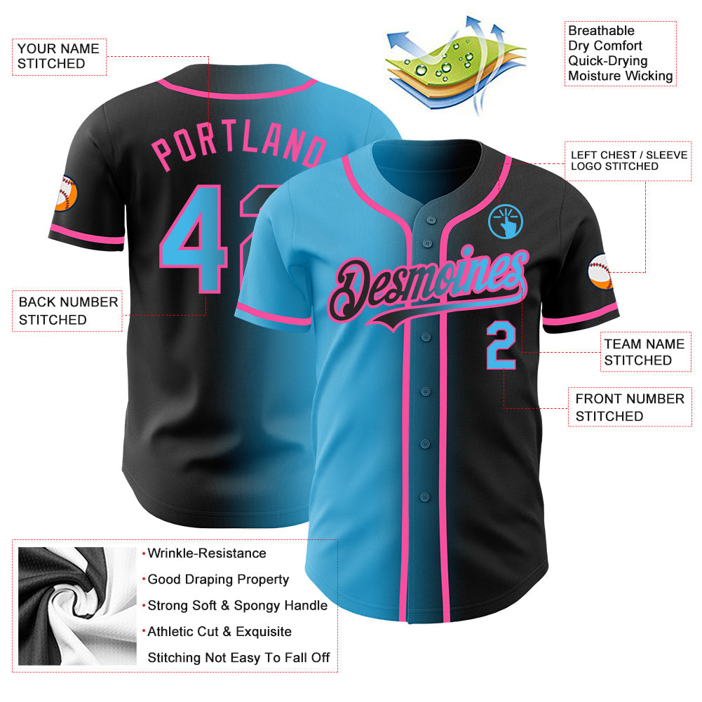 Custom Black Sky Blue-Pink Authentic Gradient Fashion Baseball Jersey view 3