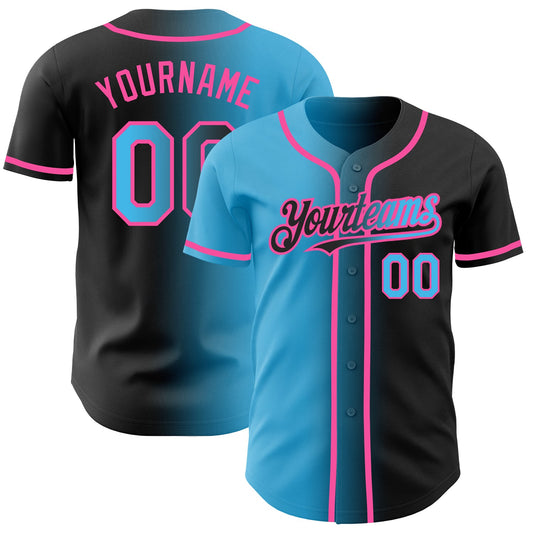Custom Black Sky Blue-Pink Authentic Gradient Fashion Baseball Jersey - Main View