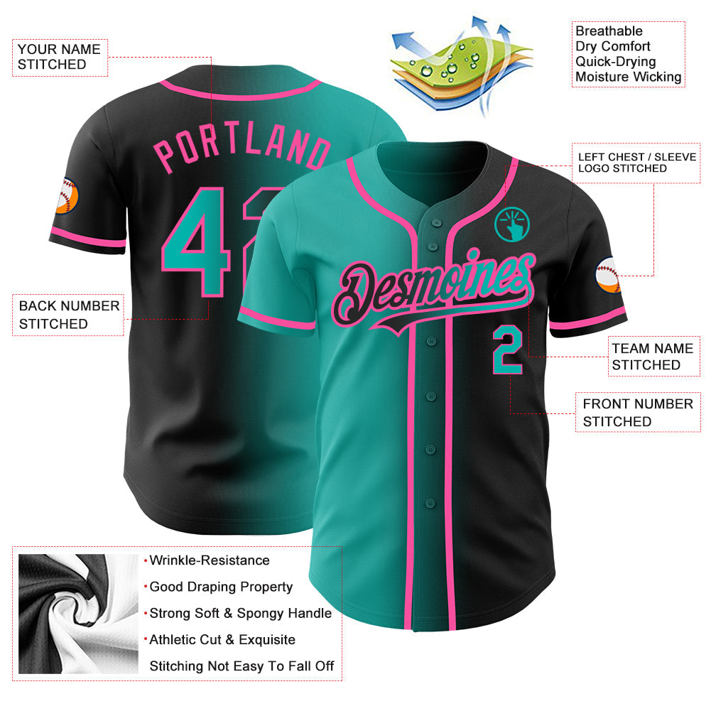 Custom Black Aqua-Pink Authentic Gradient Fashion Baseball Jersey view 3