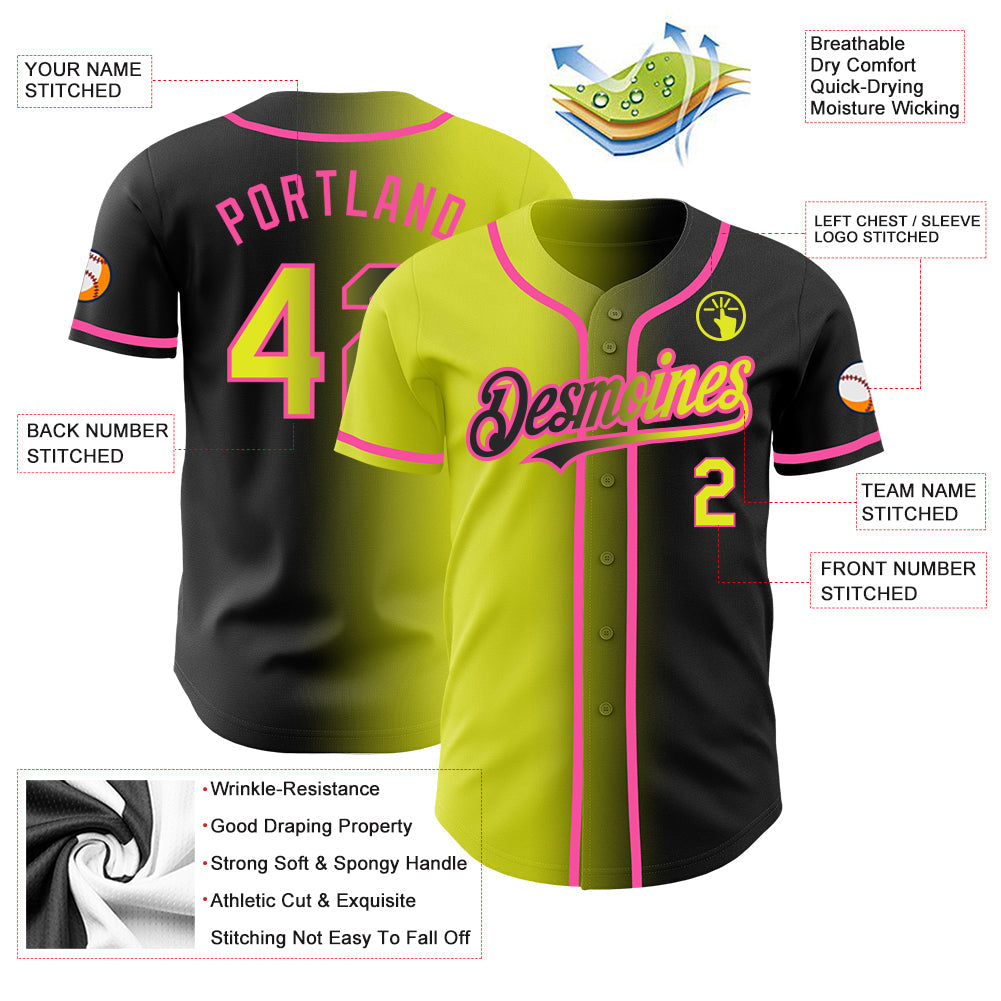 Custom Black Neon Yellow-Pink Authentic Gradient Fashion Baseball Jersey view 3