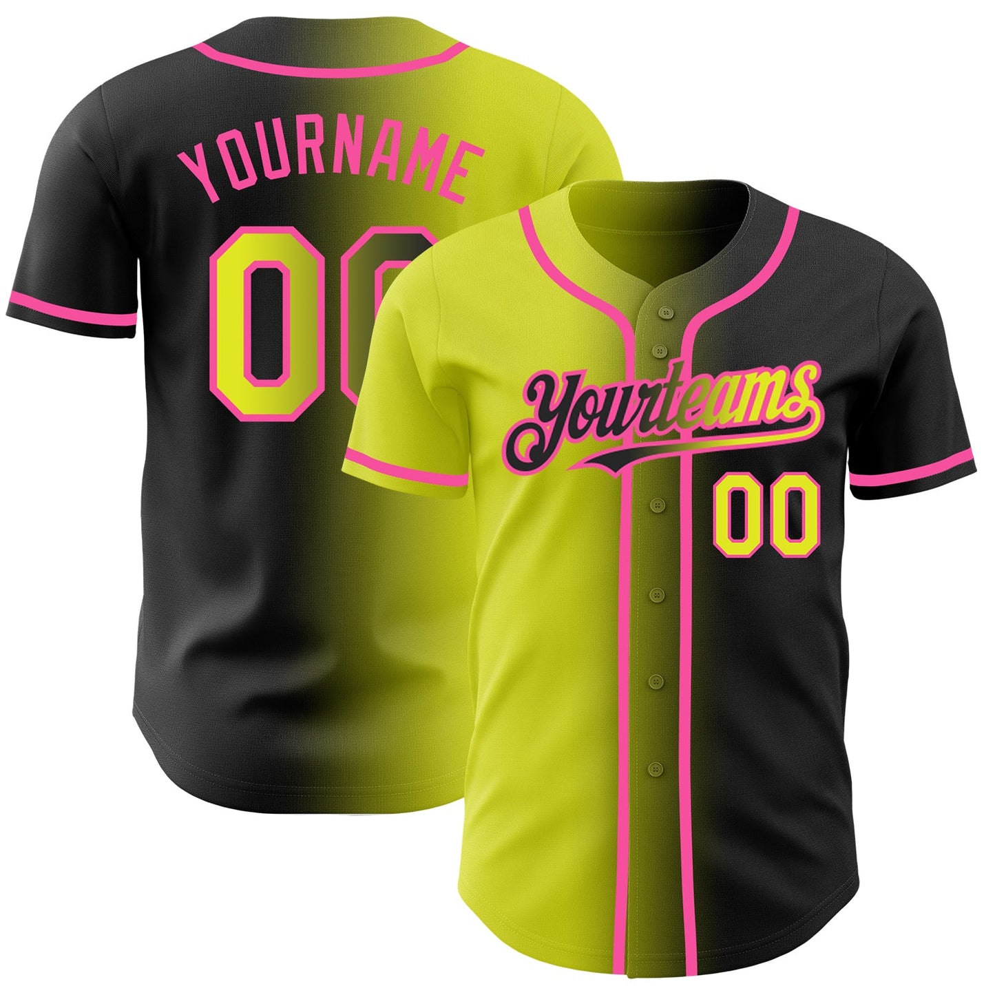 Custom Black Neon Yellow-Pink Authentic Gradient Fashion Baseball Jersey - Main View