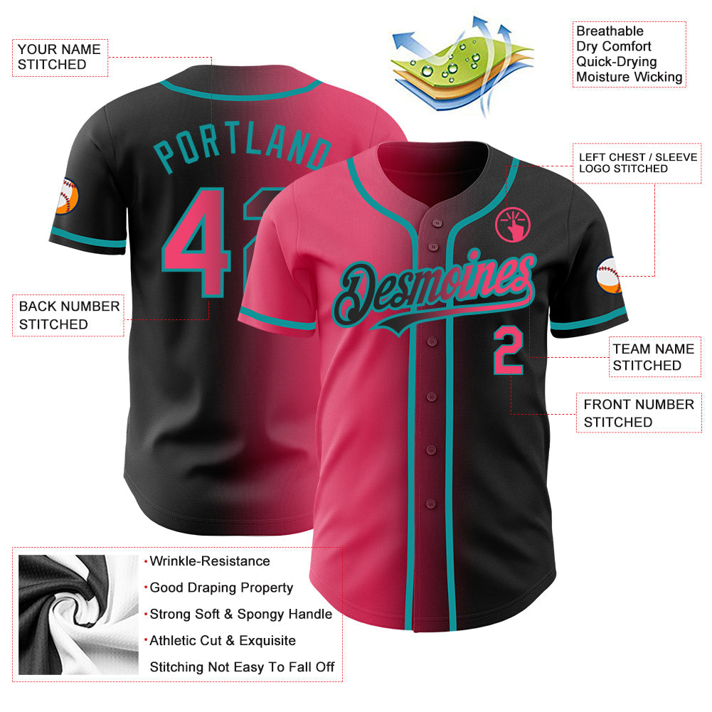Custom Black Neon Pink-Teal Authentic Gradient Fashion Baseball Jersey view 3