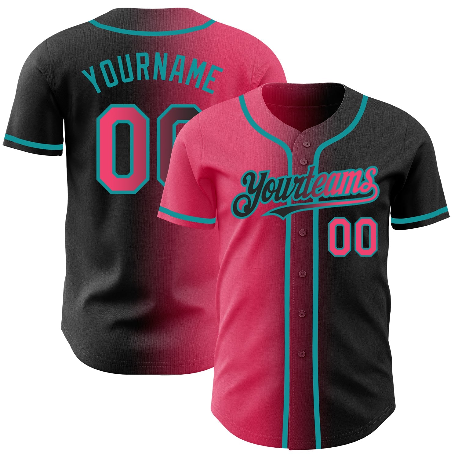 Custom Black Neon Pink-Teal Authentic Gradient Fashion Baseball Jersey - Main View