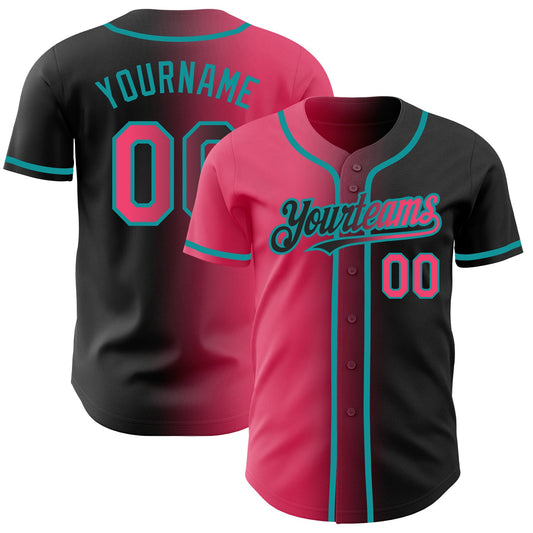Custom Black Neon Pink-Teal Authentic Gradient Fashion Baseball Jersey - Main View