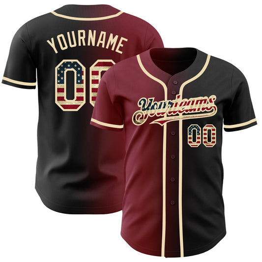 Custom Black Vintage USA Flag Crimson-City Cream Authentic Gradient Fashion Baseball Jersey - Main View