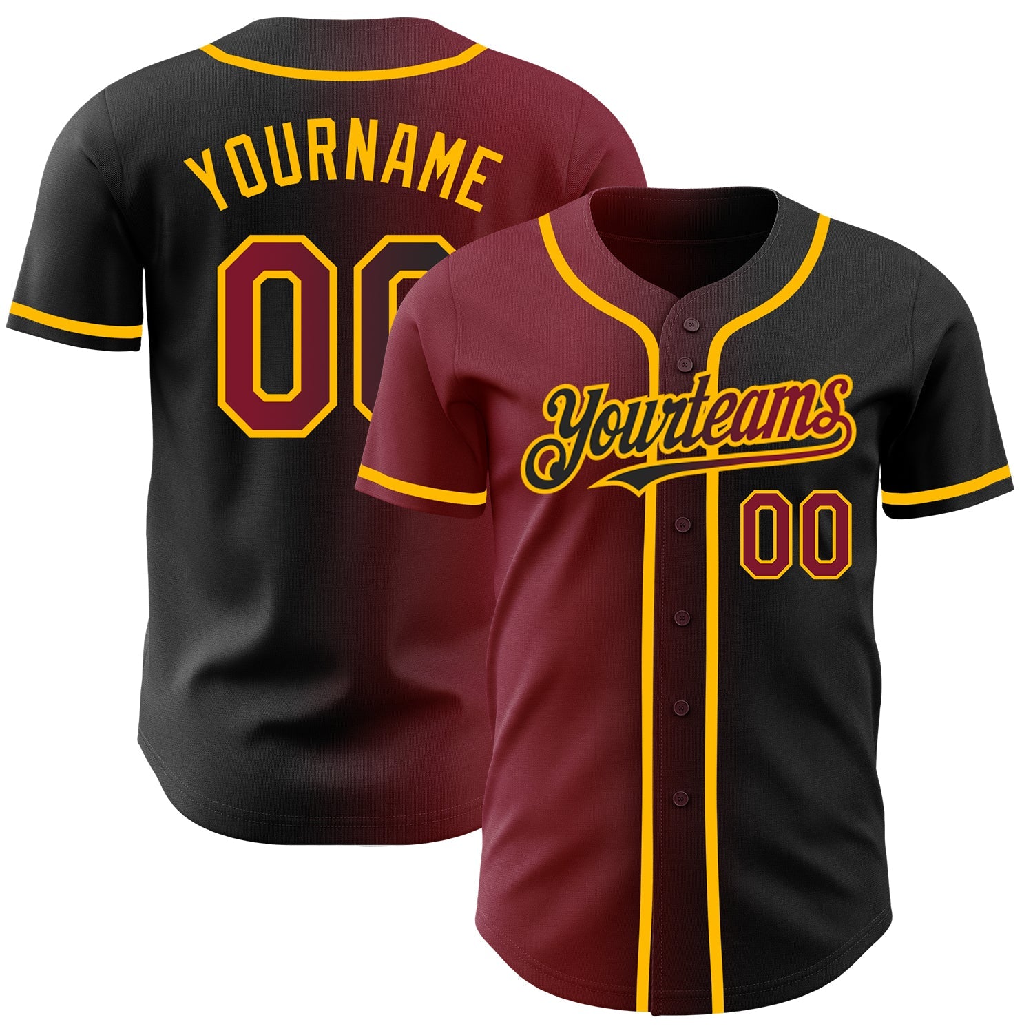 Custom Black Crimson-Gold Authentic Gradient Fashion Baseball Jersey - Main View