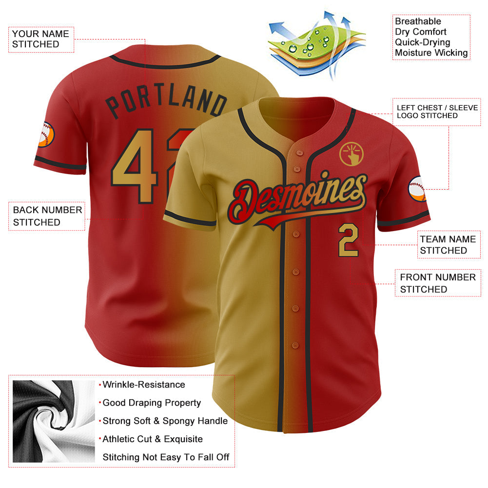 Custom Red Old Gold-Black Authentic Gradient Fashion Baseball Jersey view 3