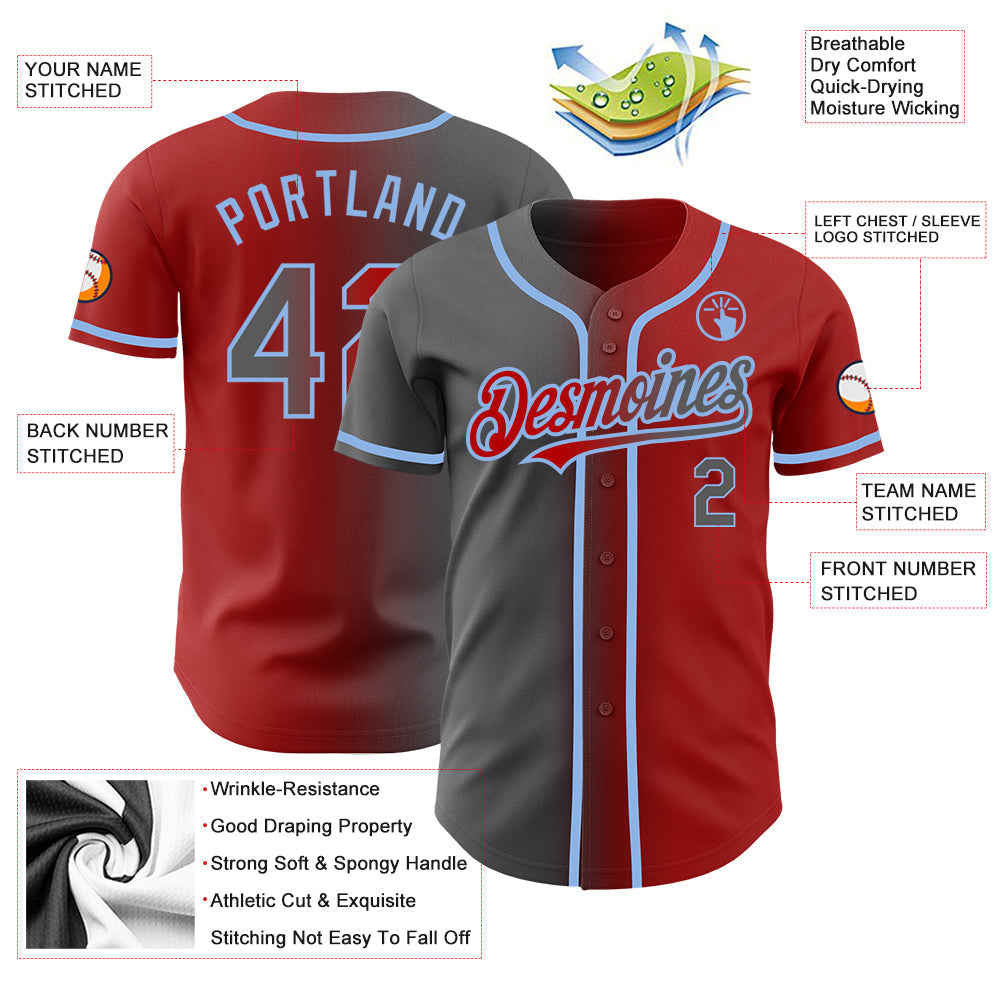 Custom Red Steel Gray-Light Blue Authentic Gradient Fashion Baseball Jersey view 3