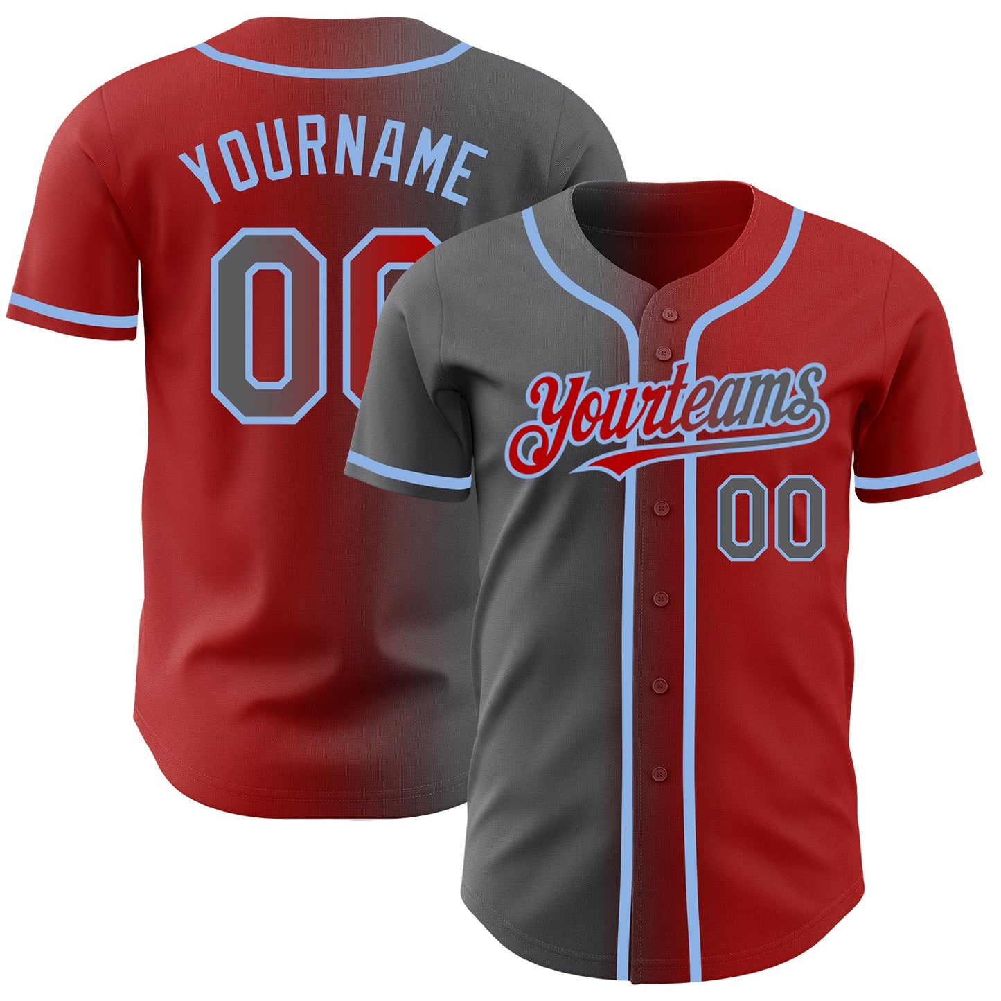 Custom Red Steel Gray-Light Blue Authentic Gradient Fashion Baseball Jersey - Main View