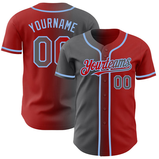 Custom Red Steel Gray-Light Blue Authentic Gradient Fashion Baseball Jersey - Main View