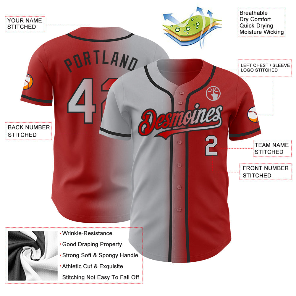 Custom Red Gray-Black Authentic Gradient Fashion Baseball Jersey view 3