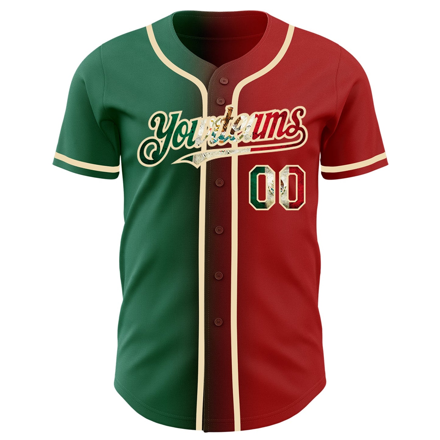 Custom Red Vintage Mexican Flag Kelly Green-City Cream Authentic Gradient Fashion Baseball Jersey view 2