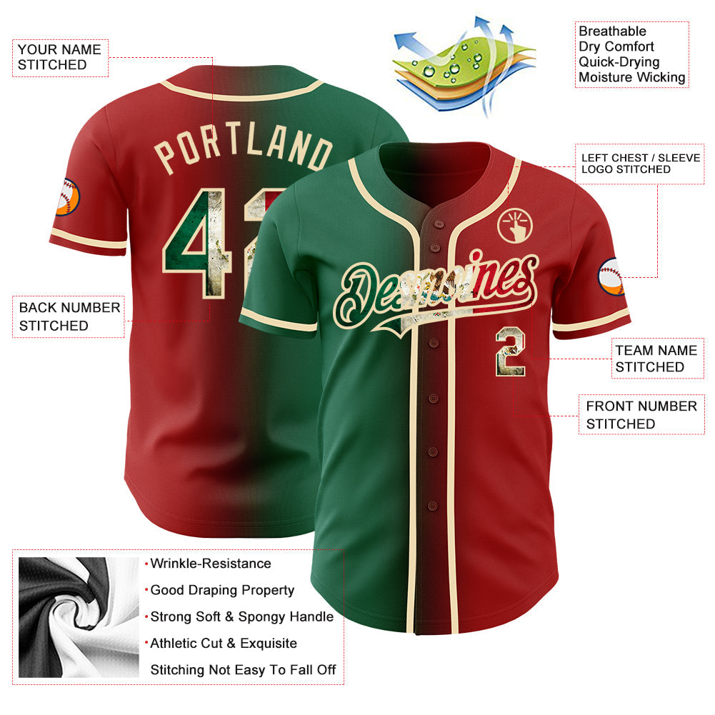 Custom Red Vintage Mexican Flag Kelly Green-City Cream Authentic Gradient Fashion Baseball Jersey view 3