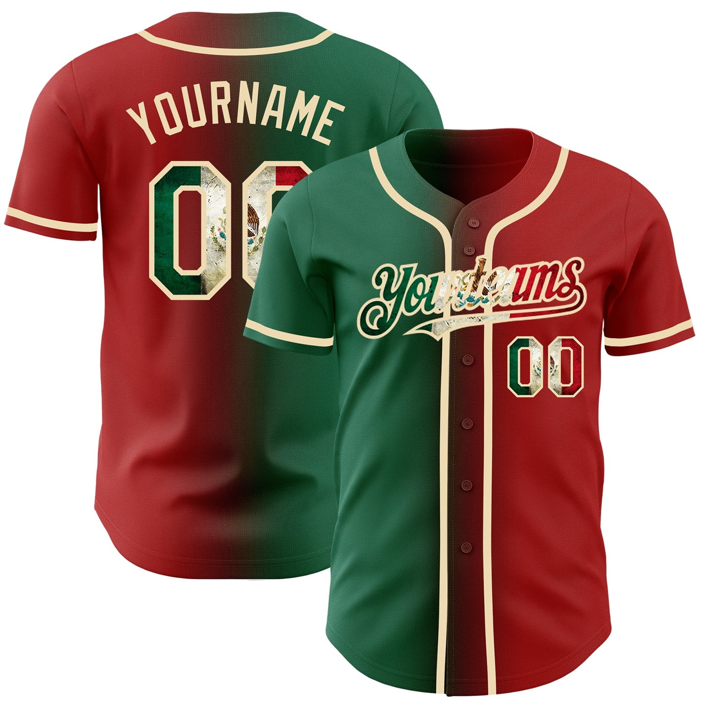 Custom Red Vintage Mexican Flag Kelly Green-City Cream Authentic Gradient Fashion Baseball Jersey - Main View