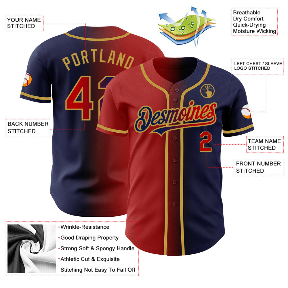 Custom Navy Red-Old Gold Authentic Gradient Fashion Baseball Jersey view 3