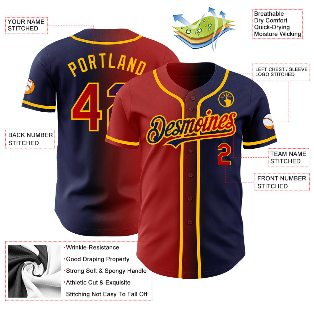 Custom Navy Red-Gold Authentic Gradient Fashion Baseball Jersey view 3