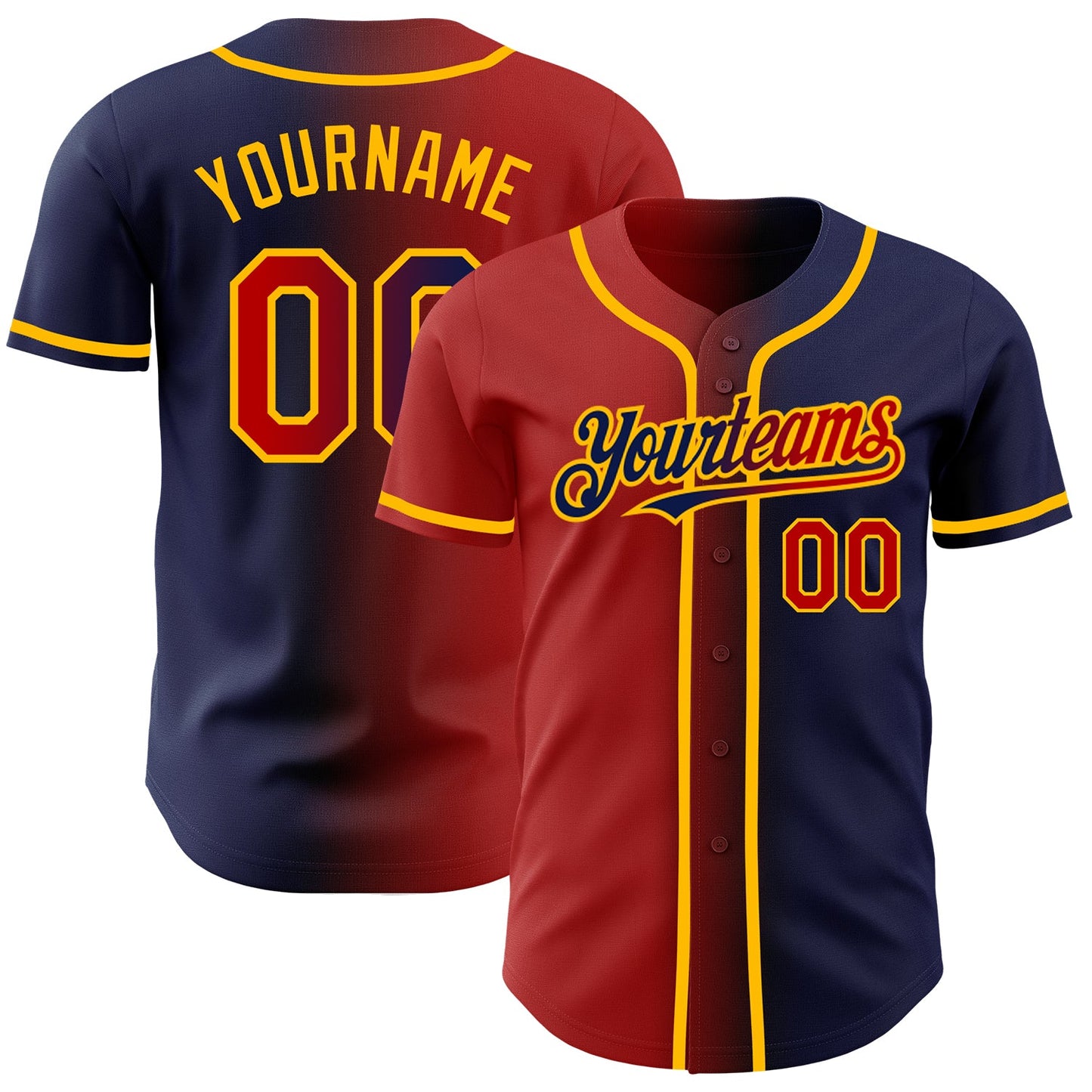 Custom Navy Red-Gold Authentic Gradient Fashion Baseball Jersey - Main View