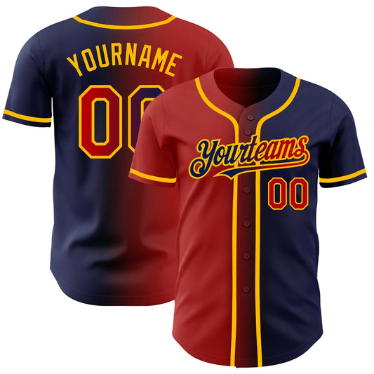 Custom Navy Red-Gold Authentic Gradient Fashion Baseball Jersey - Main View