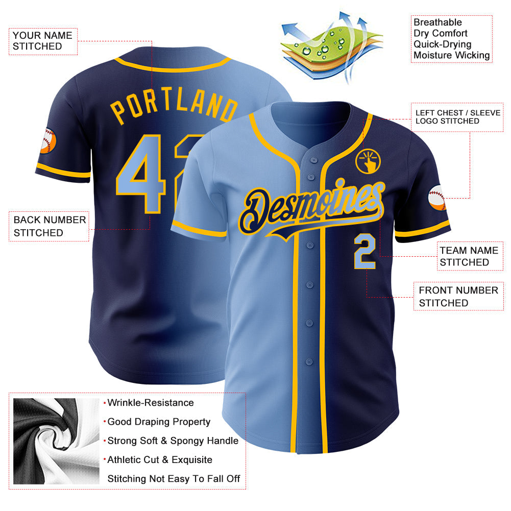 Custom Navy Light Blue-Gold Authentic Gradient Fashion Baseball Jersey view 3