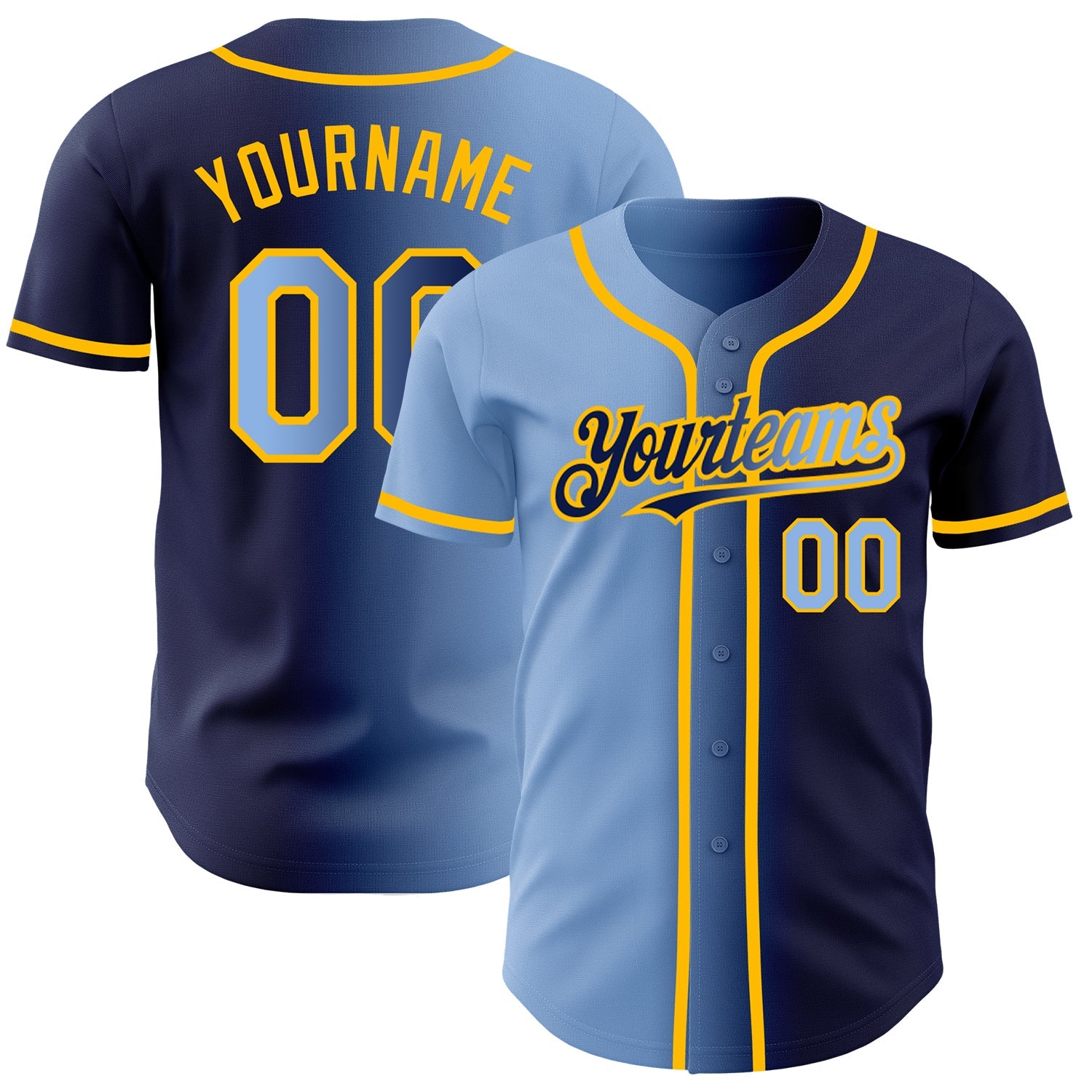 Custom Navy Light Blue-Gold Authentic Gradient Fashion Baseball Jersey - Main View
