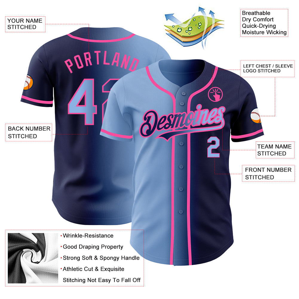 Custom Navy Light Blue-Pink Authentic Gradient Fashion Baseball Jersey view 3