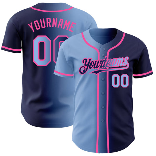 Custom Navy Light Blue-Pink Authentic Gradient Fashion Baseball Jersey - Main View