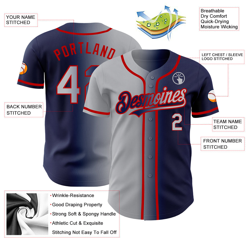 Custom Navy Gray-Red Authentic Gradient Fashion Baseball Jersey view 3