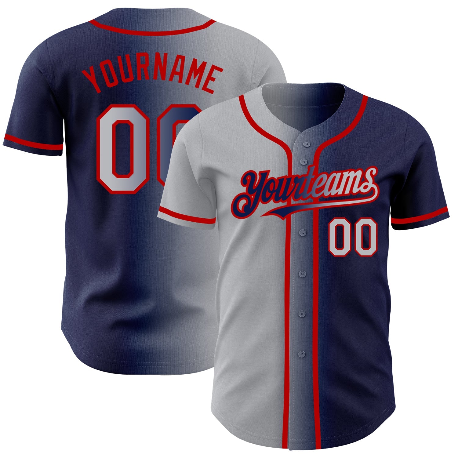 Custom Navy Gray-Red Authentic Gradient Fashion Baseball Jersey - Main View