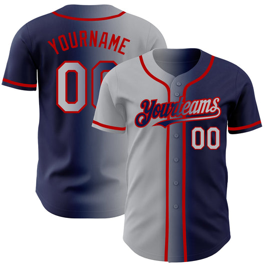 Custom Navy Gray-Red Authentic Gradient Fashion Baseball Jersey - Main View