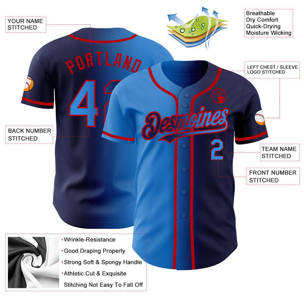 Custom Navy Electric Blue-Red Authentic Gradient Fashion Baseball Jersey view 3