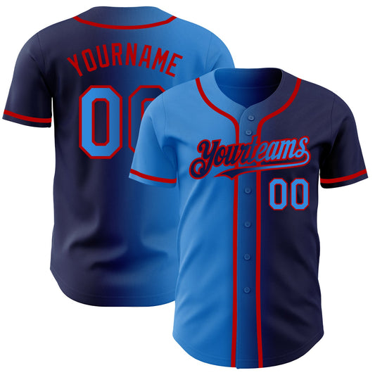 Custom Navy Electric Blue-Red Authentic Gradient Fashion Baseball Jersey - Main View
