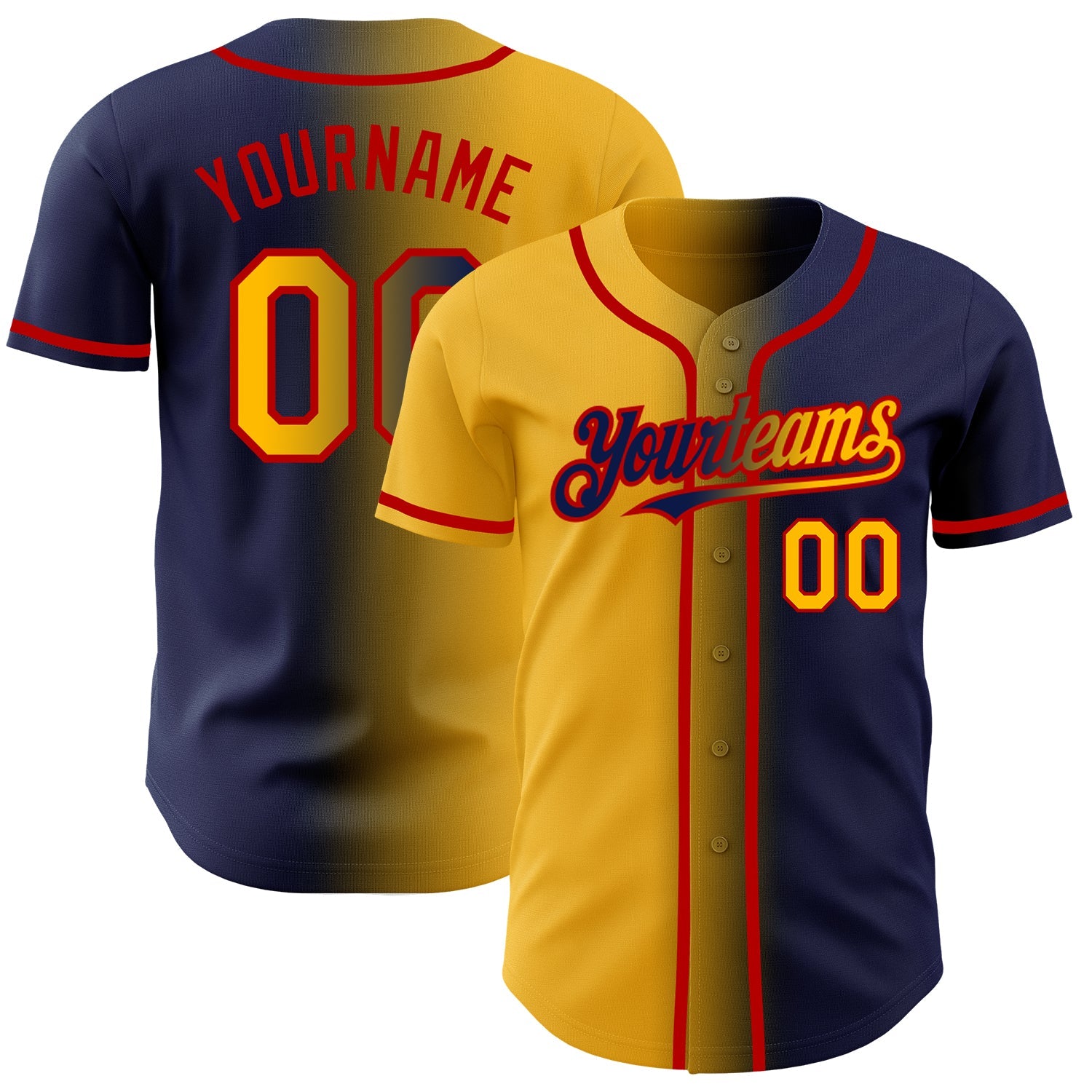 Custom Navy Gold-Red Authentic Gradient Fashion Baseball Jersey - Main View