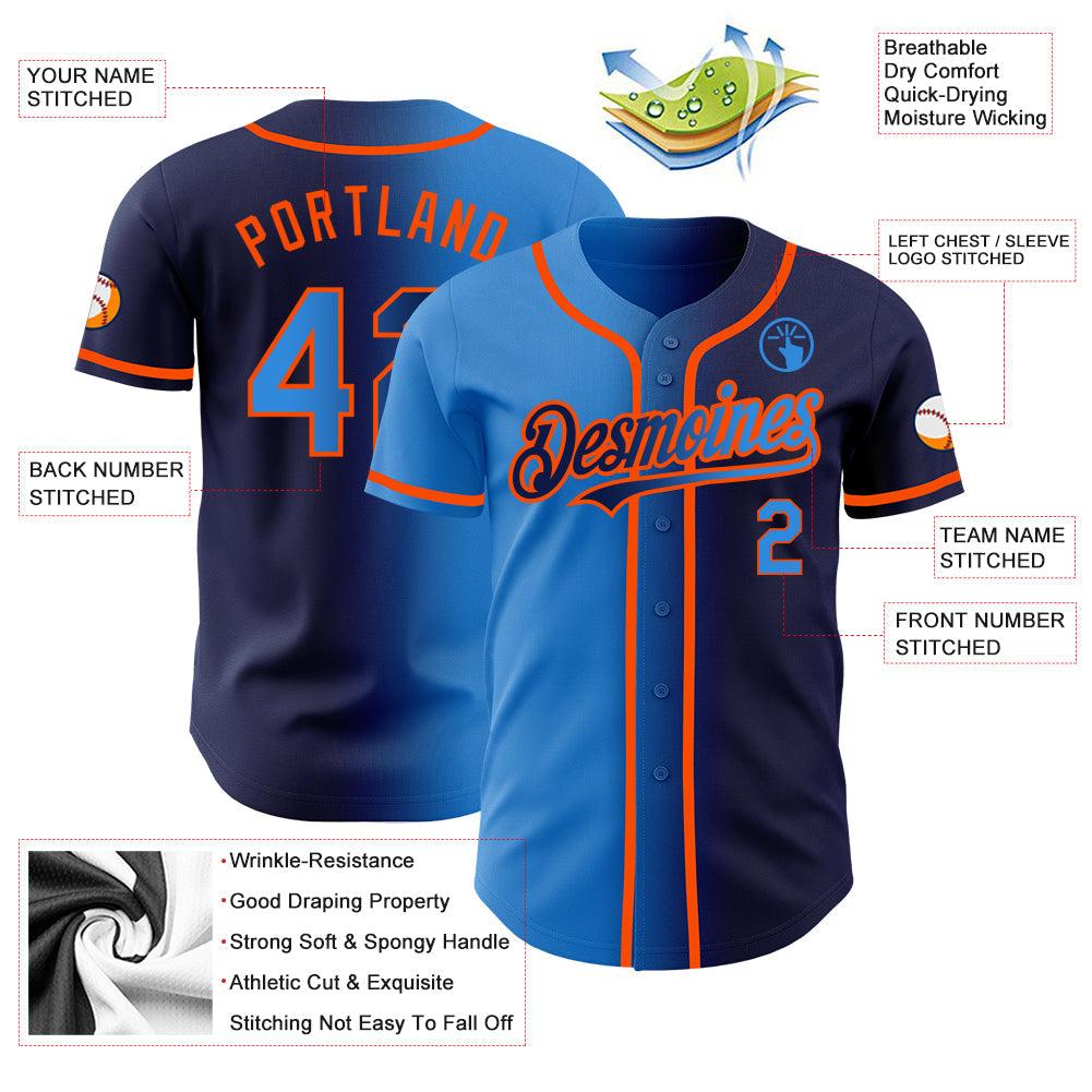 Custom Navy Electric Blue-Orange Authentic Gradient Fashion Baseball Jersey view 3