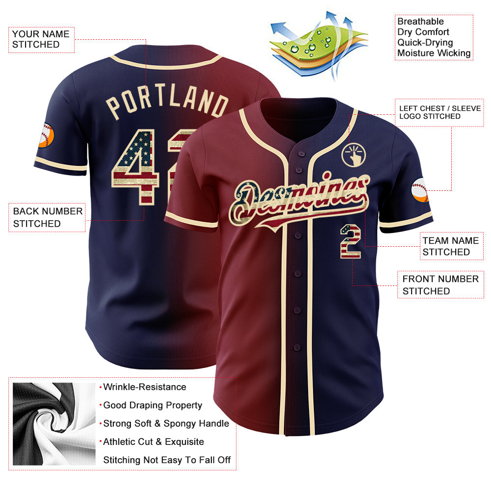 Custom Navy Vintage USA Flag Maroon-City Cream Authentic Gradient Fashion Baseball Jersey view 3