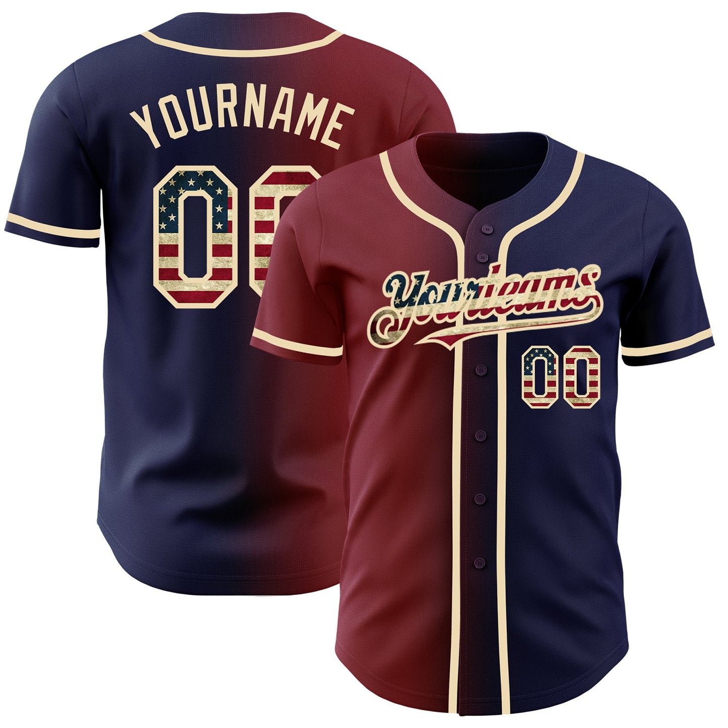 Custom Navy Vintage USA Flag Maroon-City Cream Authentic Gradient Fashion Baseball Jersey - Main View