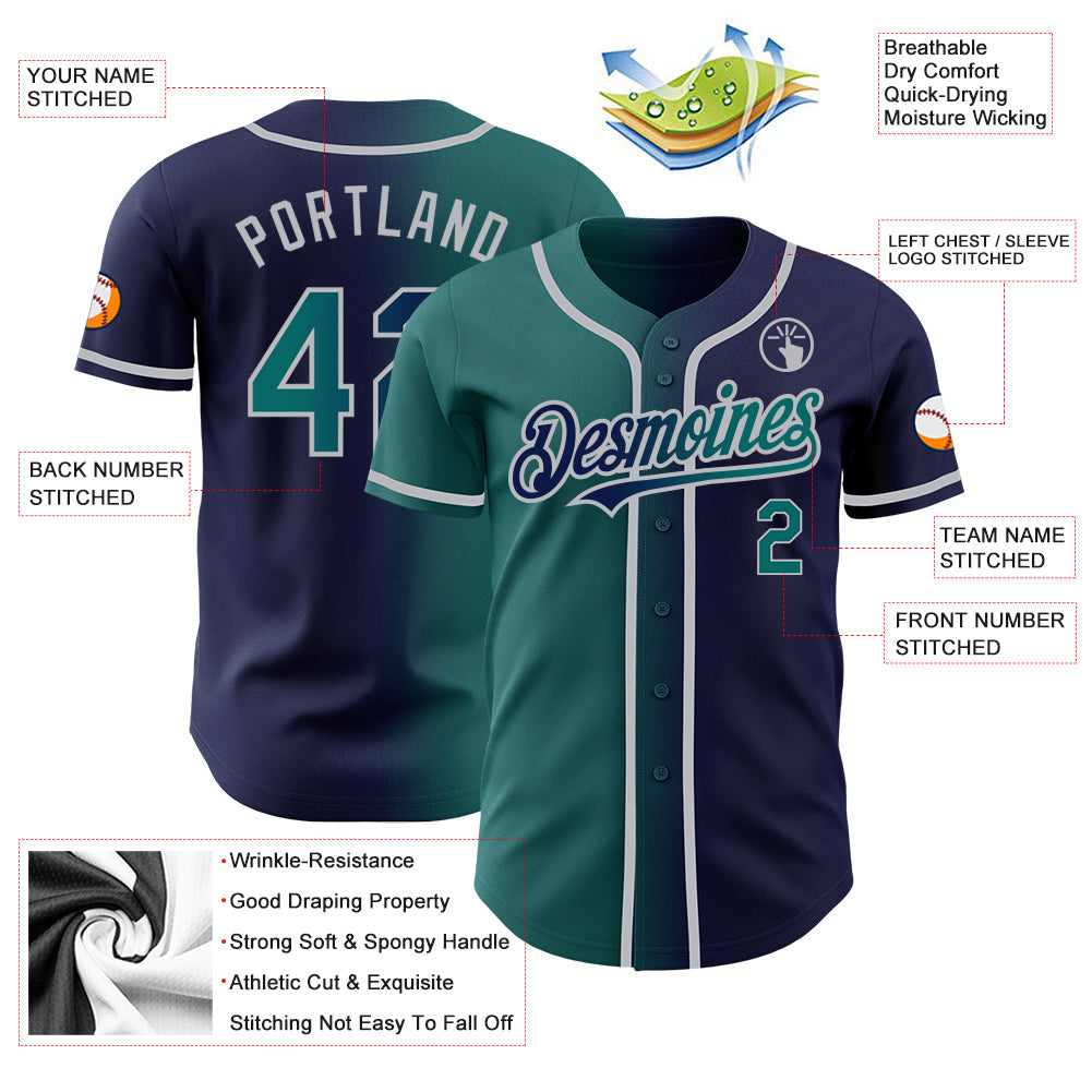 Custom Navy Teal-Gray Authentic Gradient Fashion Baseball Jersey view 3