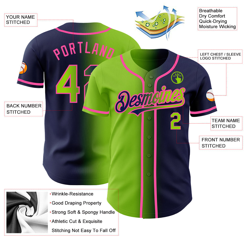 Custom Navy Neon Green-Pink Authentic Gradient Fashion Baseball Jersey view 3