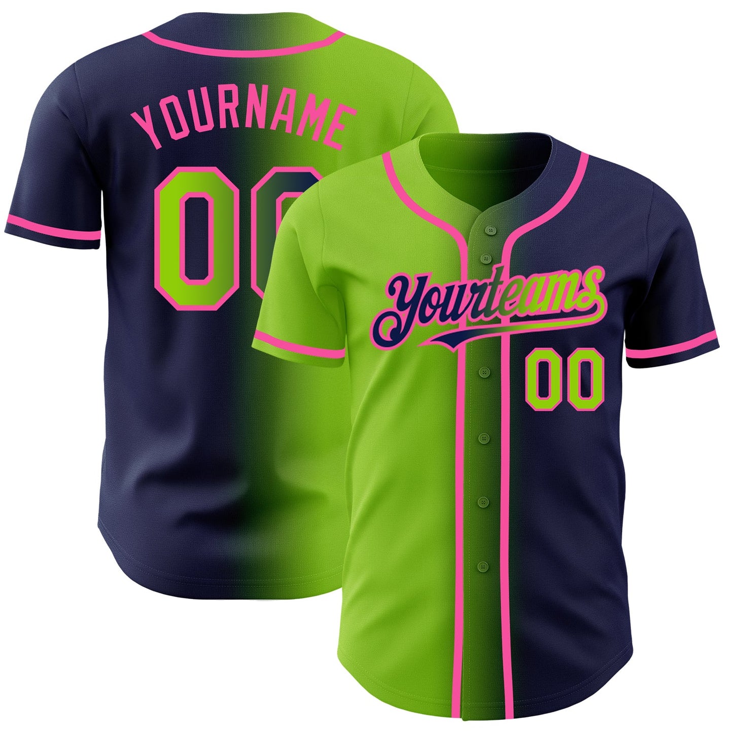 Custom Navy Neon Green-Pink Authentic Gradient Fashion Baseball Jersey - Main View