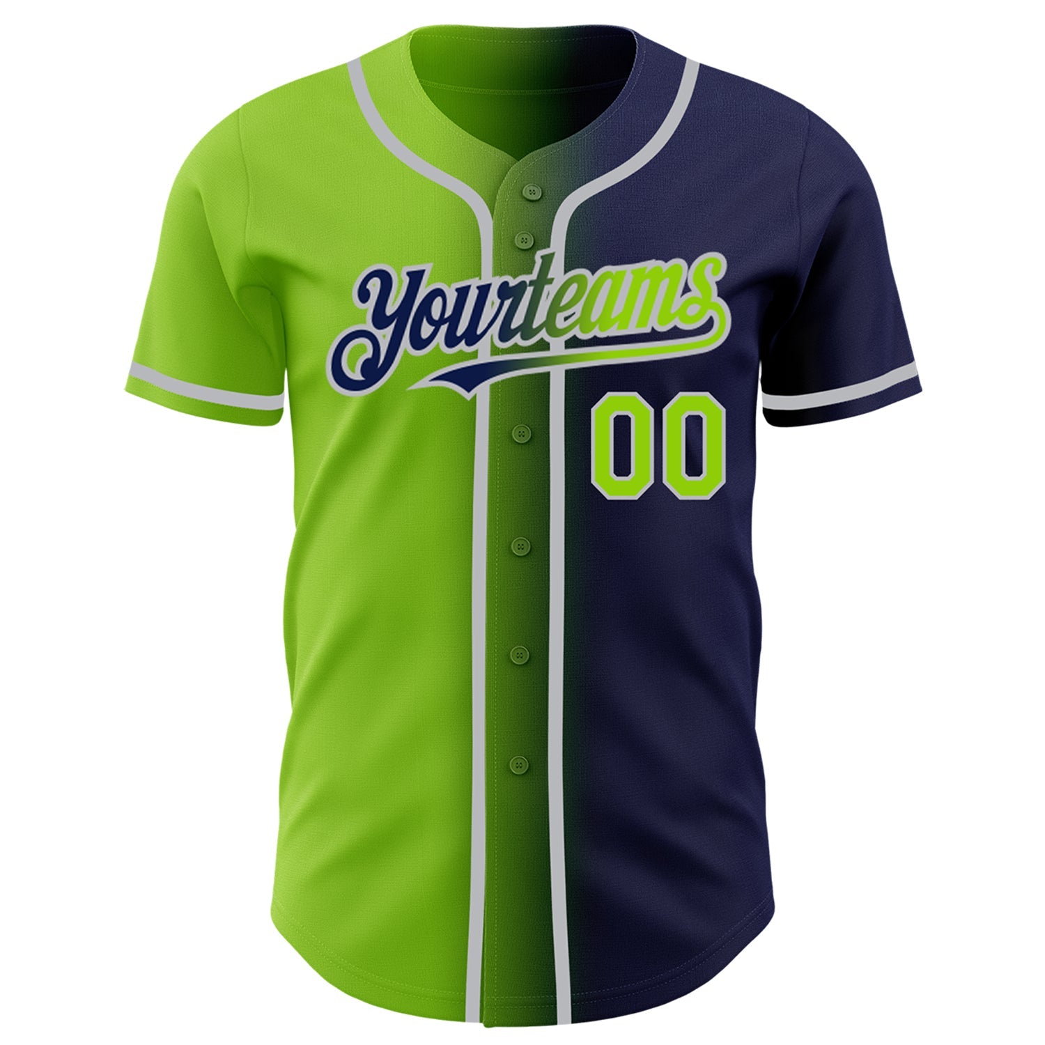 Custom Navy Neon Green-Gray Authentic Gradient Fashion Baseball Jersey view 2