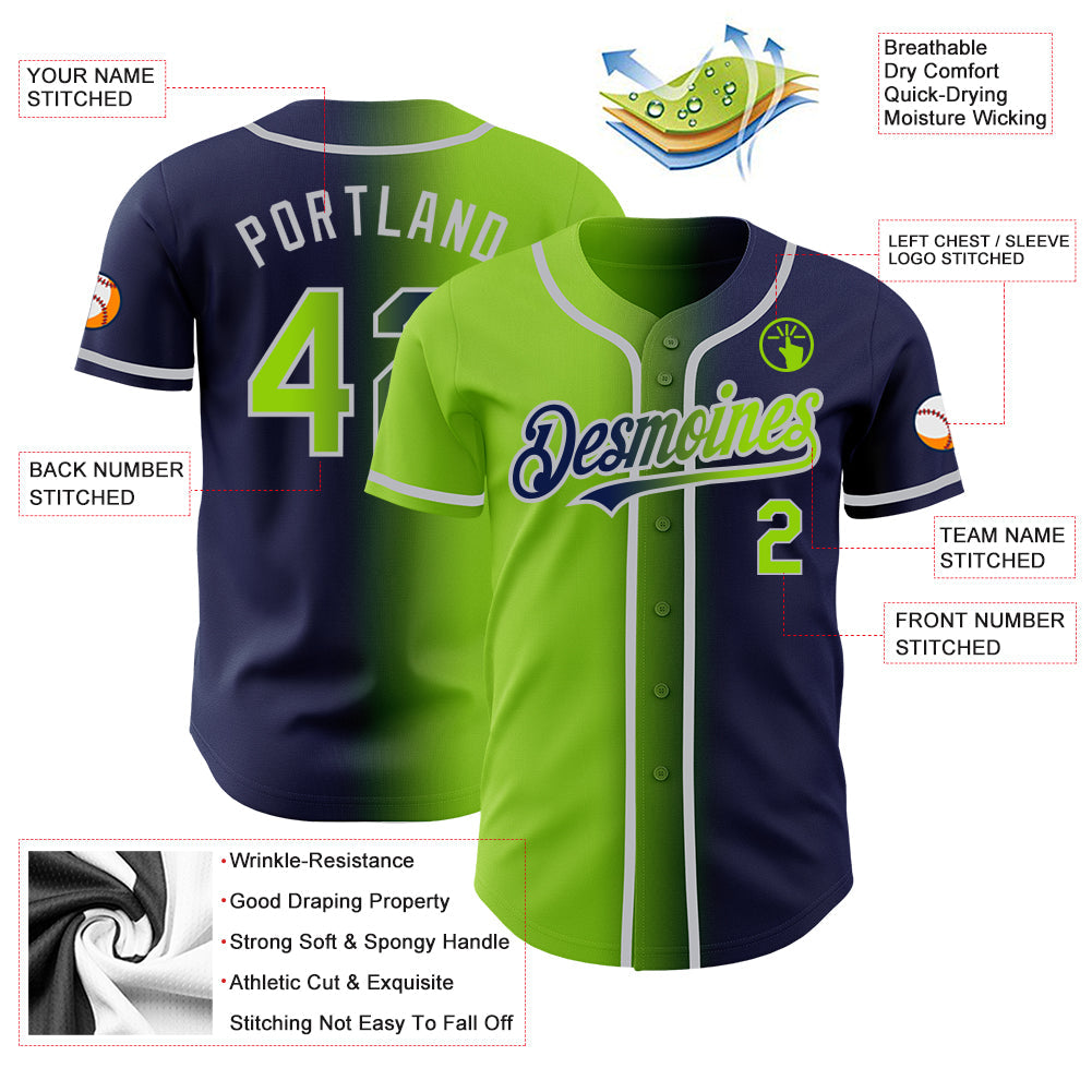 Custom Navy Neon Green-Gray Authentic Gradient Fashion Baseball Jersey view 3
