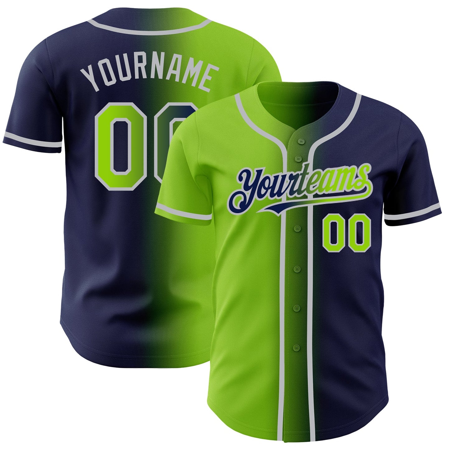 Custom Navy Neon Green-Gray Authentic Gradient Fashion Baseball Jersey - Main View